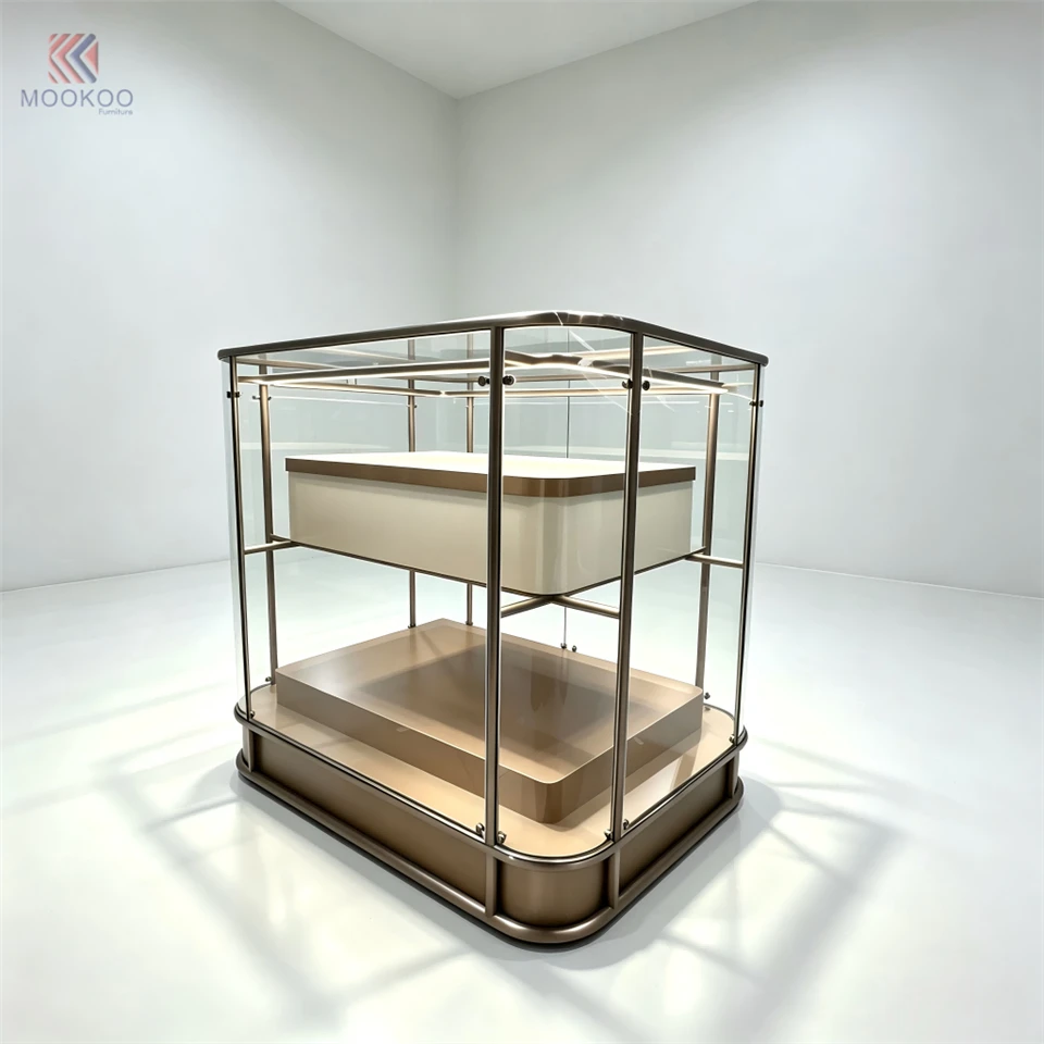 Rose Gold Metal Countertop Display Cabinet, Double Layer Glass Jewelry Showcase With Lockable Drawer For Retail Store Island best