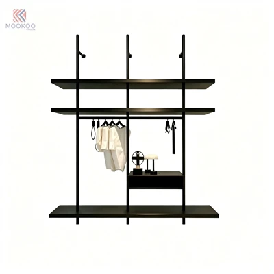 Black Metal Rotating Varnish Garment Display Rack Grid Wall Panel Shelving Unit Hanging Rod Retail Shop Display Fixture Side