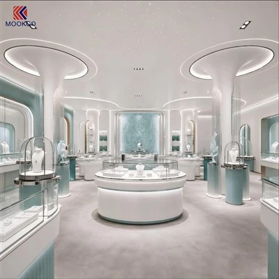 Custom Luxury Rotating Modern Curved For LED Jewellery Shop Counter Retail Glass Display Cabinet Boutique Interior Design