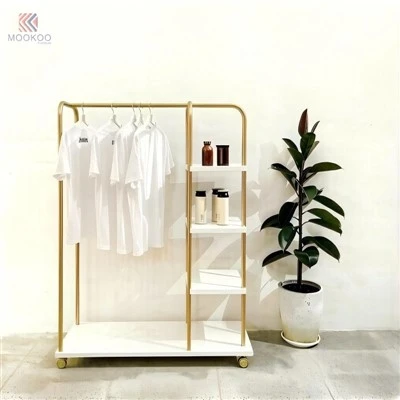 Customized MOOKOO Mobile Gold Metal Clothing Display Rack 1 Tier White Shelves Wheels Modern For Multi-Functional Garment