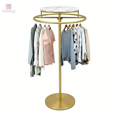 Gold Varnish Modern Clothing Display Rack Marble Top Metal Garment Rack Storage Shelf Hanging Hooks Floor Standing Retail