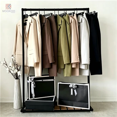 Heavy Duty Rotating Varnish Retail Garment Rack Bottom Shelf Side Hooks Black Metal Display Stand Storage Tray Boutique Clothing