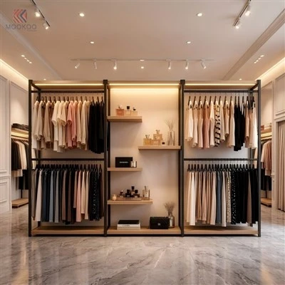 Heavy Duty Sided Clothing Display Rack With Shelves Metal And Wood Garment Organizer For Retail Boutique Store Fixtures