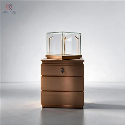 Luxury Bedside Table Lockable Glass Vitrine LED Lighting Brushed Bronze Metal Chest Drawers For High-End Boutique Decor