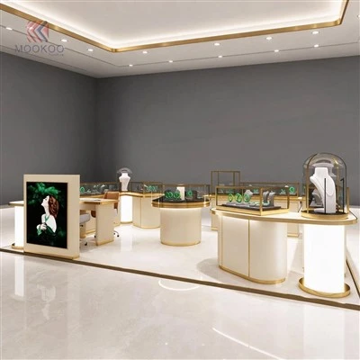 Luxury Curved Jewelry Display Counter Set, Custom Jade Showcase With Tempered Glass & LED Light, Gold Stainless Steel Jewellery Shop Display Furniture