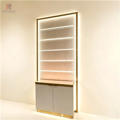 Luxury Customized MOOKOO Arc-Shaped LED Display Cabinet Set Freestanding Modern Chromed Metal Shelves Storage Retail Shop