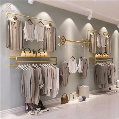 Luxury Customized MOOKOO Modern Freestanding Stainless Steel Clothing Display Rack Hanging Rod Bottom Shelf