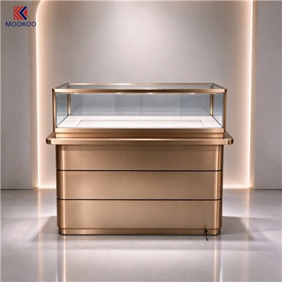 Luxury Gold Stainless Steel Jewelry Showcase Glass Display Counter With LED Light For Retail Jewellery Shop