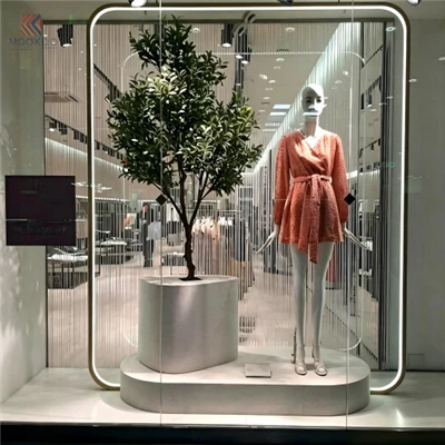Minimalist Metal Rotating For Clothing Display Stand LED Light Ring Pedestal Modern Boutique Garment Rack Illuminated Frame