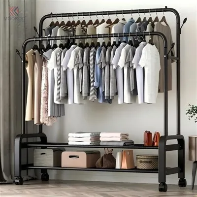 Modern Heavy Duty Double Rod Rotating Rolling Clothing Rack Wheels Black Metal Garment Organizer For Home Hotel Commercial Use