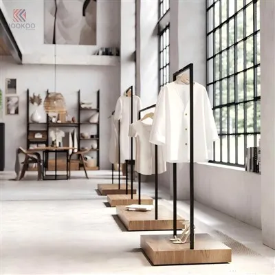 Modern Minimalist Freestanding Clothing Display Rack Solid Wood Base Metal Frame Varnish Finish Easy Assembly Boutique Retail
