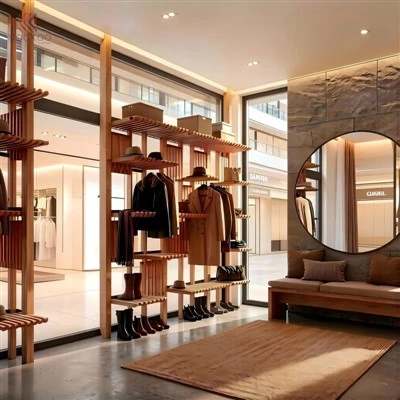 Modern Open Style Metal Rotating Varnish Clothing Display Shelf Freestanding Retail Garment Rack Hanging Shoe Storage Boutiques