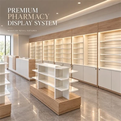 MOOKOO Custom Pharmacy Display Cabinet Wooden Retail Drug Store Wall Shelves With LED Light And Storage Cabinet