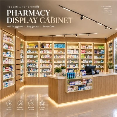 MOOKOO Custom Pharmacy Wooden Wall Display Cabinet With LED Light Commercial Drugstore Retail Furniture Shelving Fixtures