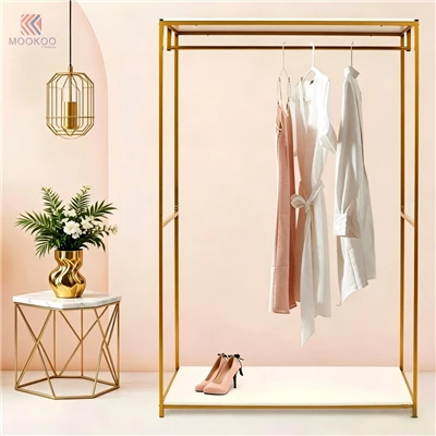 Mookoo Customized Gold Metal 8mm Thick Tempered Glass Bottom Shelf Luxury Freestanding Garment Hanger Side Hooks Modern Display