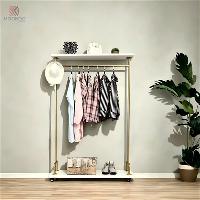 Mookoo Customized Gold Metal Clothing Rack Wheels Rolling Display Garment Organizer Home Bedroom Foyer Modern Minimalist