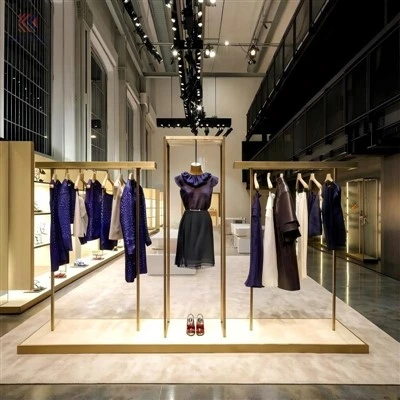 MOOKOO Customized Luxury Dual-Sided Gold Metal Clothing Display Rack LED Lighted Base Platform Modern Freestanding Display