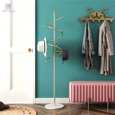 MOOKOO Customized Nordic Gold Metal Floor Coat Rack White Marble Base Multi-Hook Design Easy Assembly Luxury Stainless Steel