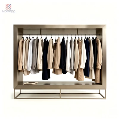 MOOKOO Customized Stainless Steel Metal Clothing Display Cabinet Walk Wardrobe LED Light Minimalist Full Length Mirror Open Top