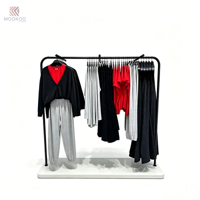 Mookoo Freestanding Rotating Metal Clothing Display Rack Varnish Finish Modern Retail Boutique Island Base Open Visual