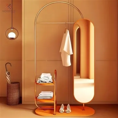 MOOKOO Gold Oval Mirror Clothing Display Rack With Side Shelves, Freestanding Metal Garment Organizer For Boutique Retail Stores