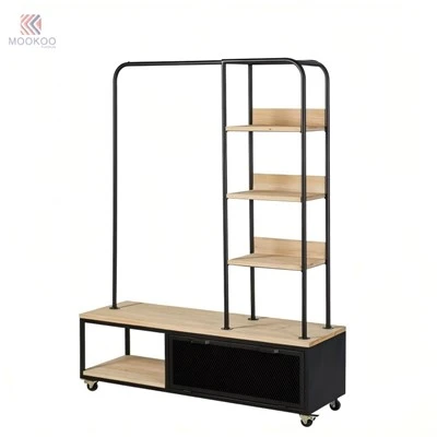 MOOKOO Industrial Metal Rotating Varnish Clothing Rack Shelves Wheeled Storage Cabinet Heavy Duty Boutique Store Home