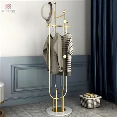 MOOKOO Luxury Gold Metal Floor Coat Rack Marble Base ABS/Acrylic/PVC Hooks Oak/Wood Accents-Modern Style For Easy Assembly