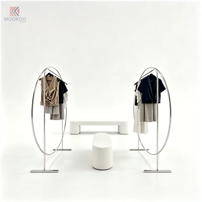 MOOKOO Luxury Stainless Steel Oval Clothing Display Stand Ellipse Shaped Garment Rack Rotating High End Retail Store Minimalist