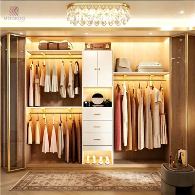 MOOKOO Luxury Walk-in Closet LED Lighting Modern Dressing Room Hanging Rods Drawers Freestanding