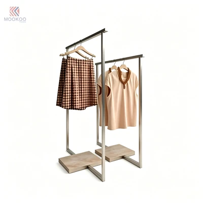 MOOKOO Stainless Steel Clothing Display Rack Solid Wood Base Asymmetrical Double Pole Garment Stand Modern Minimalist Floor Rack