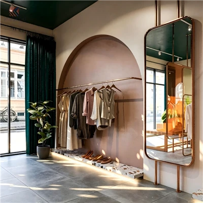 Mossoro Modern Clothing Display Rack Terrazzo Base Brass Metal Garment Hanger Stand Full Length Mirror Shoe Bench LED Lighting
