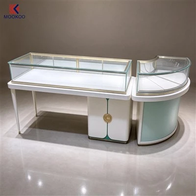White Curved Glass Jewelry Display Counter Set Luxury Jewellery Shop Showcase With Gold Trim