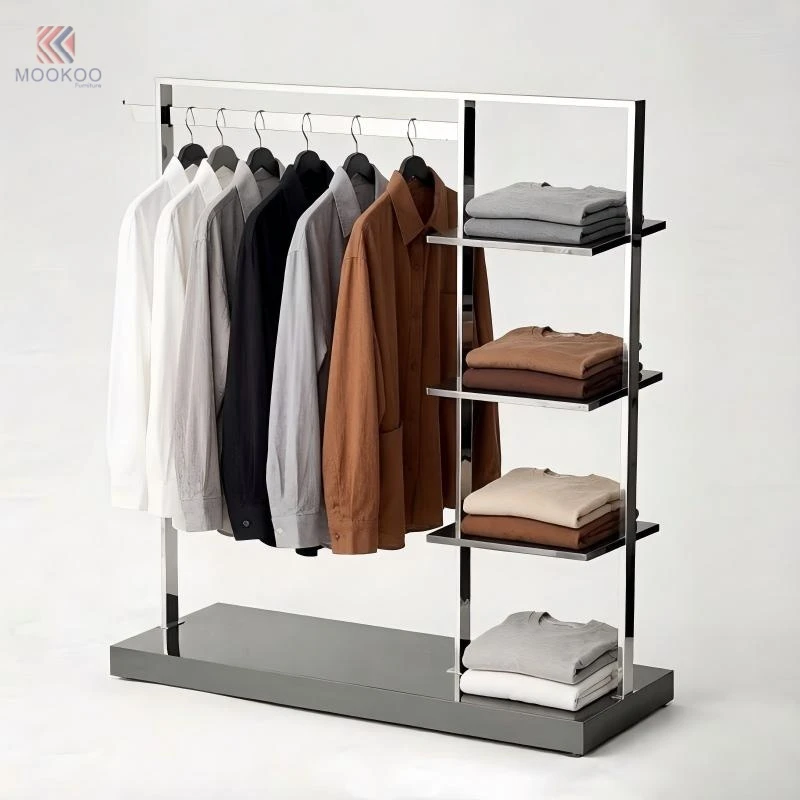 Stainless Steel Metal Clothing Display Rack Heavy Duty Garment Rack Modern Floor Standing Clothes Organizer Hanging Rod LED
