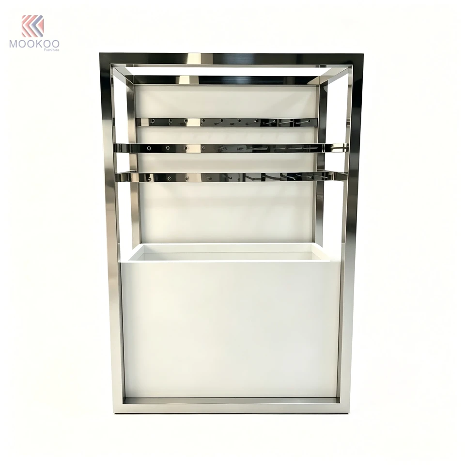 Stainless Steel Retail Display Cabinet 1 Adjustable Shelf Bottom Storage Box Hanging Hooks | Modern Organizer Home Shop Varnish