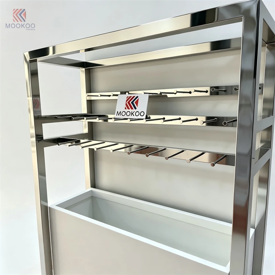 Stainless Steel Retail Display Cabinet 1 Adjustable Shelf Bottom Storage Box Hanging Hooks | Modern Organizer Home Shop Varnish best
