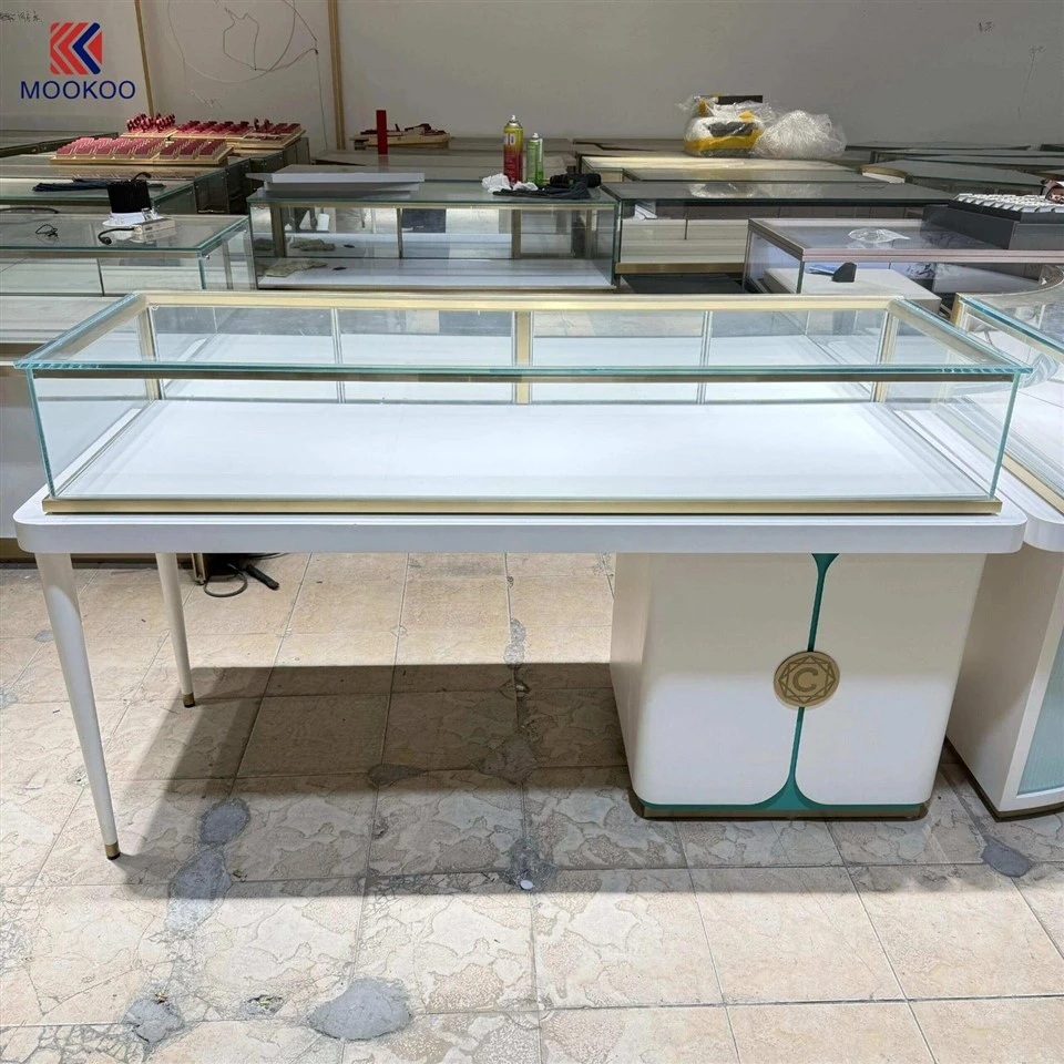 White Curved Glass Jewelry Display Counter Set Luxury Jewellery Shop Showcase With Gold Trim factory