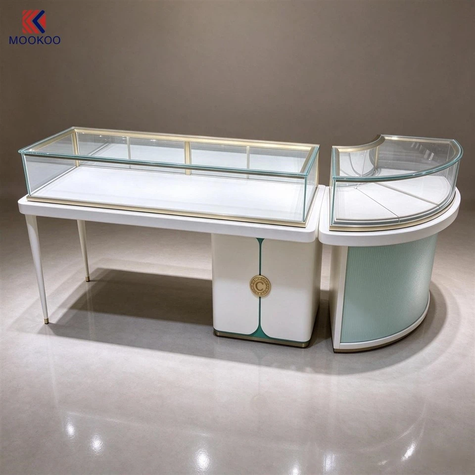 White Curved Glass Jewelry Display Counter Set Luxury Jewellery Shop Showcase With Gold Trim