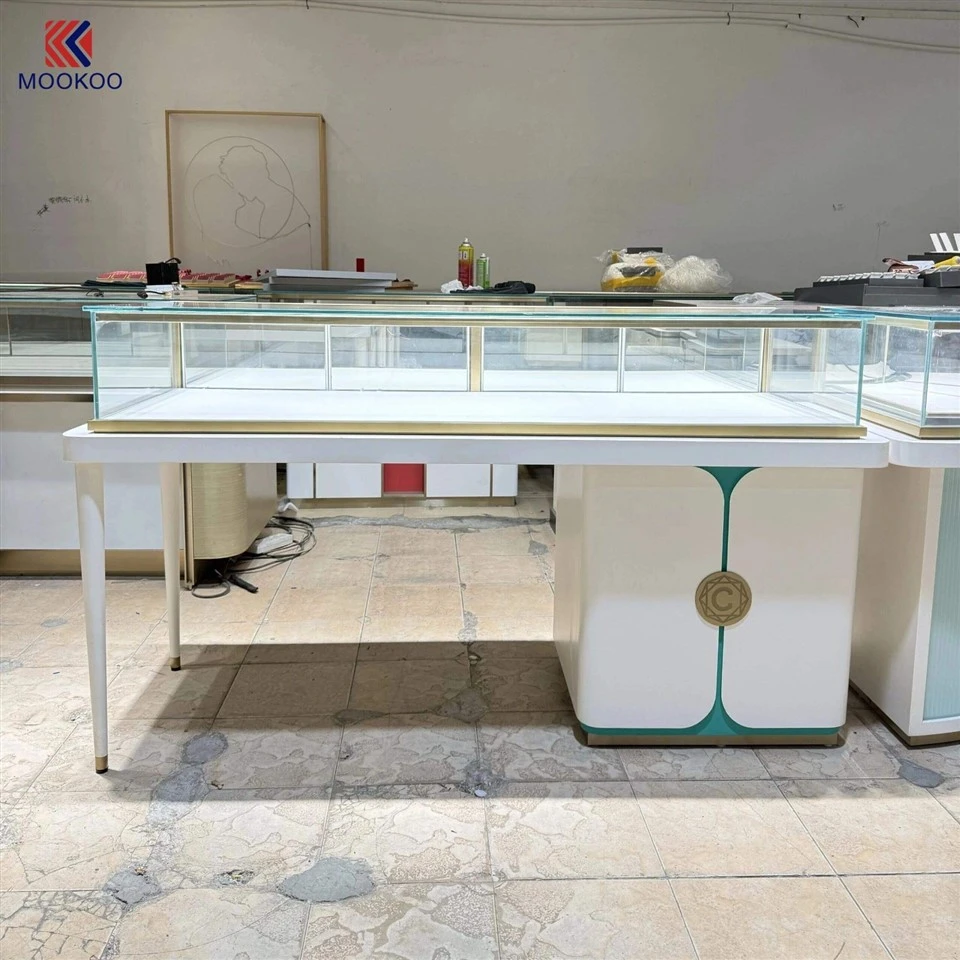 White Curved Glass Jewelry Display Counter Set Luxury Jewellery Shop Showcase With Gold Trim suppliers