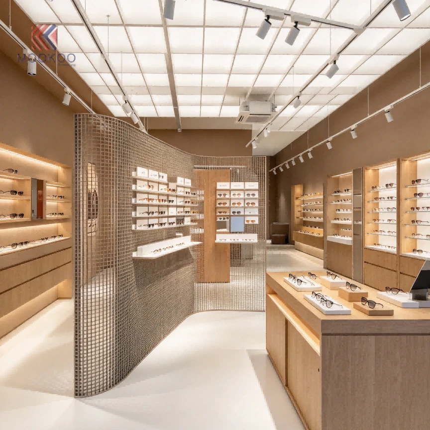 Wooden Eyewear Display Wall Shelf, Custom Optical Boutique Whole Store Decoration Project best