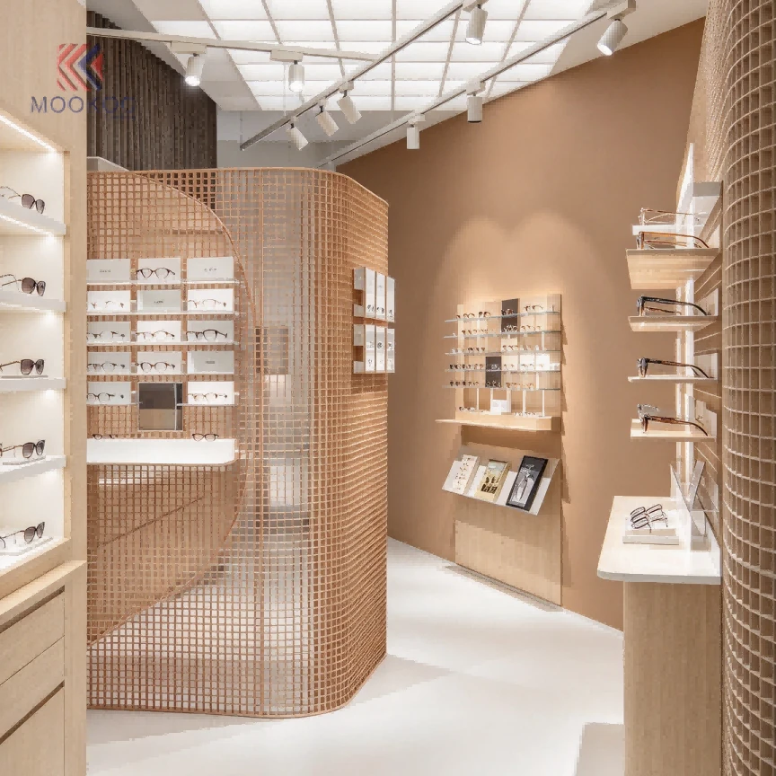 Wooden Eyewear Display Wall Shelf, Custom Optical Boutique Whole Store Decoration Project factory